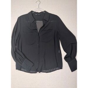 Zara Black Sheer Button Down Blouse Long Sleeve Pocket Back Cutout Top Medium